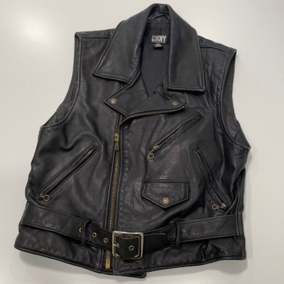 DKNY | Vintage Black Leather Biker Vest ~ Size Medium - Picture 1 of 17